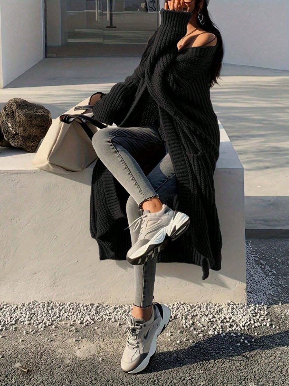 Black Casual Women's Elegant Commute Knit Long Cardigan Sweater - Picture 4 of 4